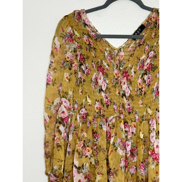 OPT Anthropologie Wick Dress Yellow Smocked Chiffon Floral Sheen Romantic, M - Picture 8 of 12